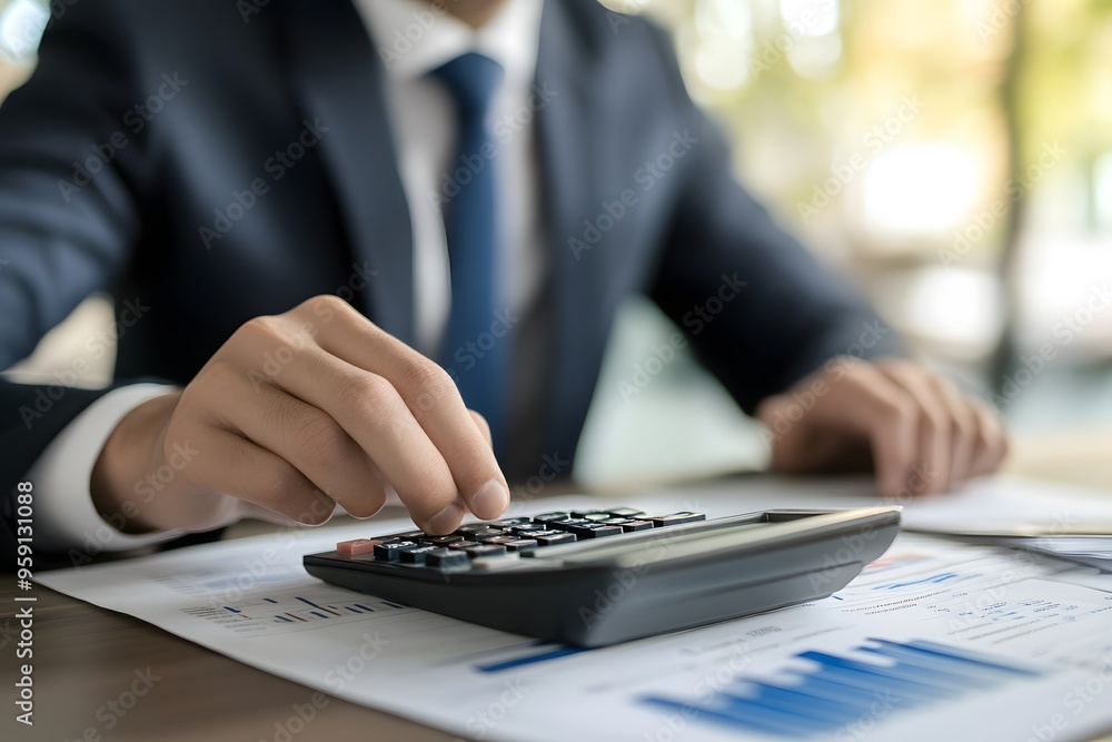 Aufkleber businessperson calculating numbers on a calculator with financial data
