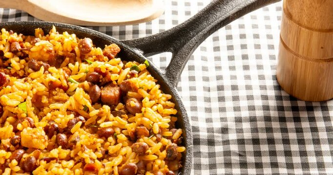 Baiao de dois a brazilian food with beans, rice, meat and rennet cheese, typical northeastern food
