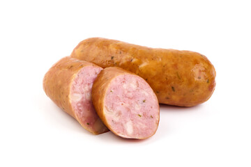 Smoked pork sausages, isolated on white background.
