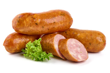 Smoked pork sausages, isolated on white background.