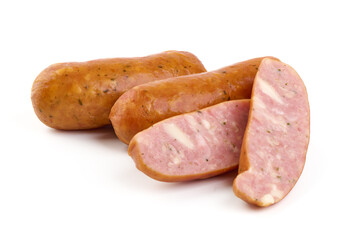 Smoked sausages for grill, isolated on white background. High resolution image.