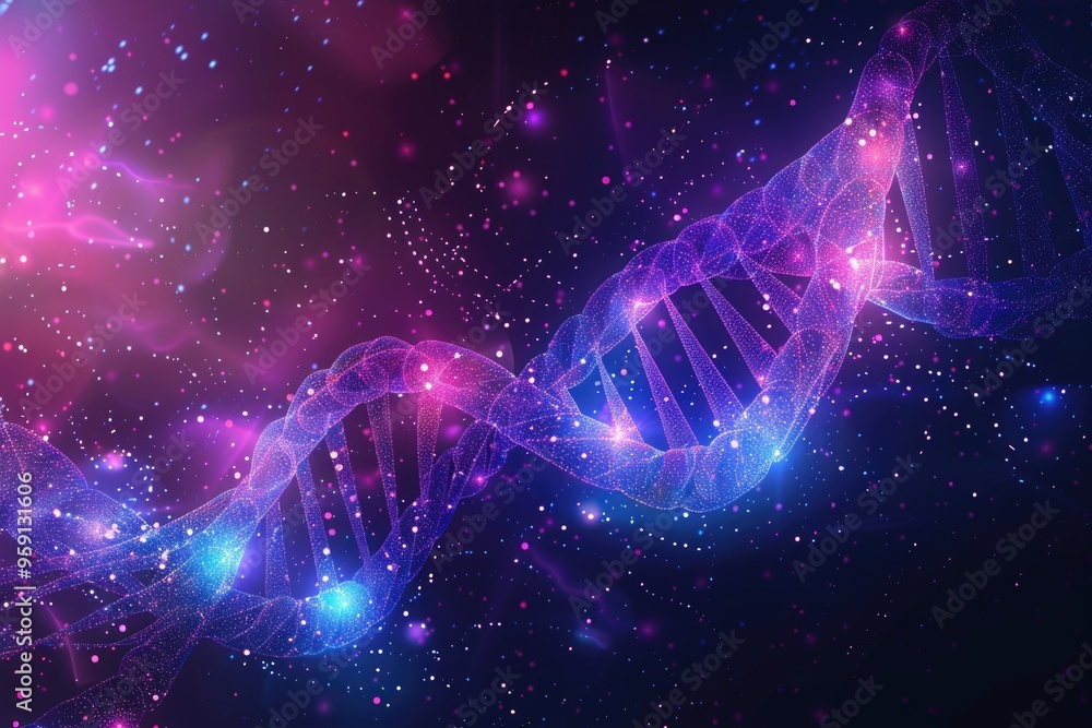 Poster microscopic view of a double-stranded dna molecule, with sugar and phosphate molecules forming the b