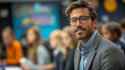 Fototapeta premium A teacher explaining a scientific concept at the front of the classroom, with students eagerly following along in their notebooks.