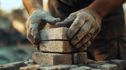 Hands of a bricklayer or mason stacking bricks with cement one on top of the other, building a concrete wall, house, or structure with mortar and stone blocks, handyman worker or laborer bricklaying