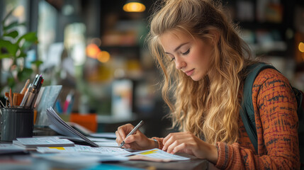 A teacher organizing study cards and handouts at their desk, preparing for the next class.