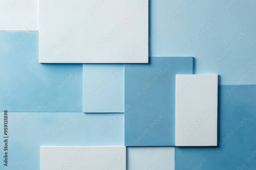 Poster a clean background with light color blocks in shades of soft blue and white. the design features a m