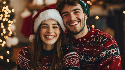 Portrait of young cheerful romantic Caucasian couple in Christmas outfit, knitted sweaters happy boyfriend and girlfriend or husband and wife celebrating of winter Christmas holidays new year, love