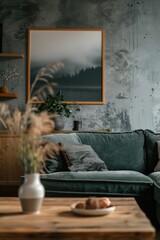 A cozy living room with a couch and coffee table
