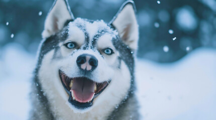 Naklejka premium Portrait of happy, cheerful purebred Siberian husky wolf dog with excited look standing outside in snow, cute canine, adorable puppy enjoying in snowy winter weather during snowfall, pedigreed pet