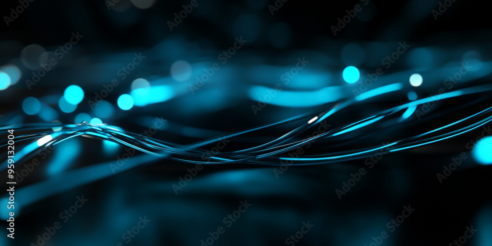 Poster futuristic web design backdrop with a black, glossy background and glowing, blue lines forming an ab