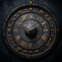 Obraz premium A clock with Roman numerals and a gold face. The clock is surrounded by symbols and numbers