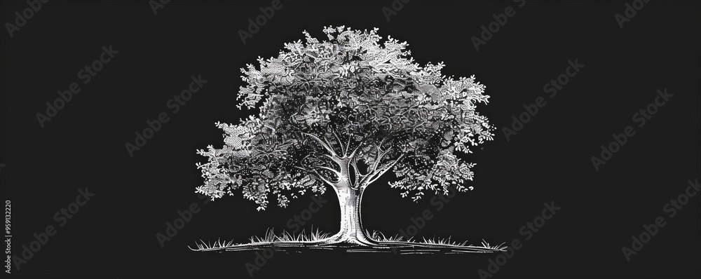 Aufkleber a simple white line drawing on a black background of a tree with thick foliage and a strong trunk. t