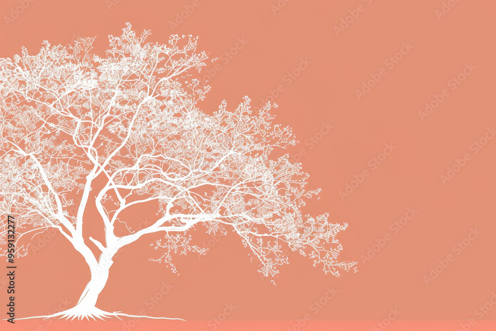Poster a simple white line drawing on a peach background of a tree with spreading branches and leaves. the 