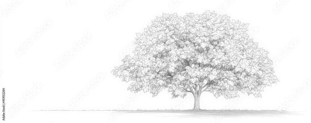 Poster a simple white line drawing of a tree with thick foliage and a sturdy trunk. the clean lines and min