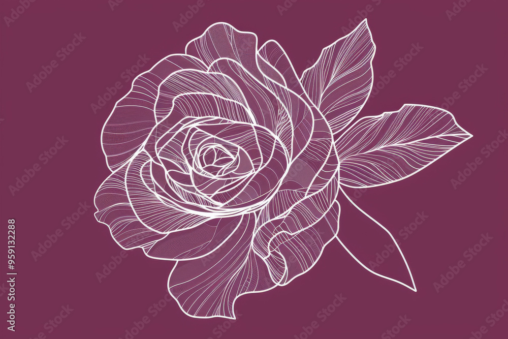 Poster a simple white line drawing on a plum background of a rose with intricate petals. the deep color emp