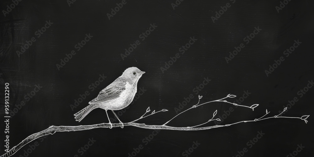Poster a simple white line drawing on a charcoal background of a bird perched on a branch. the dark color e