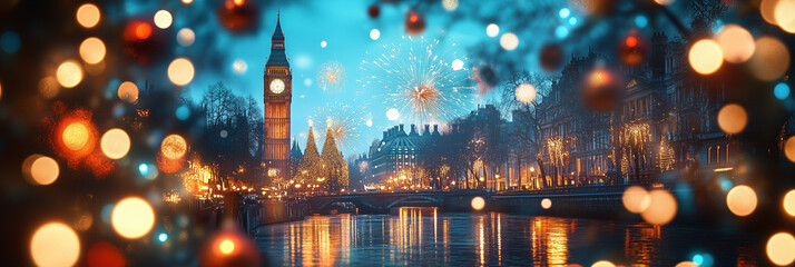 London’s Big Ben illuminated by colorful Christmas lights and fireworks, creating a spectacular festive night scene. The river’s reflection adds to the holiday atmosphere.