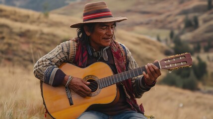 Indigenous Andean man playing acoustic guitar in traditional clothing against mountainous landscape, copy space