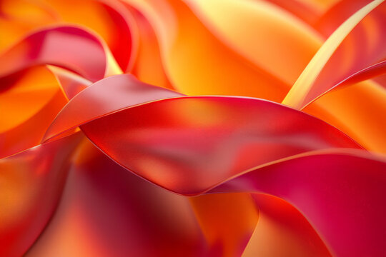A dynamic 3D design with smooth, twisted ribbons in warm shades of red and orange. The ribbons flow gracefully, adding a sense of warmth and energy to the scene.