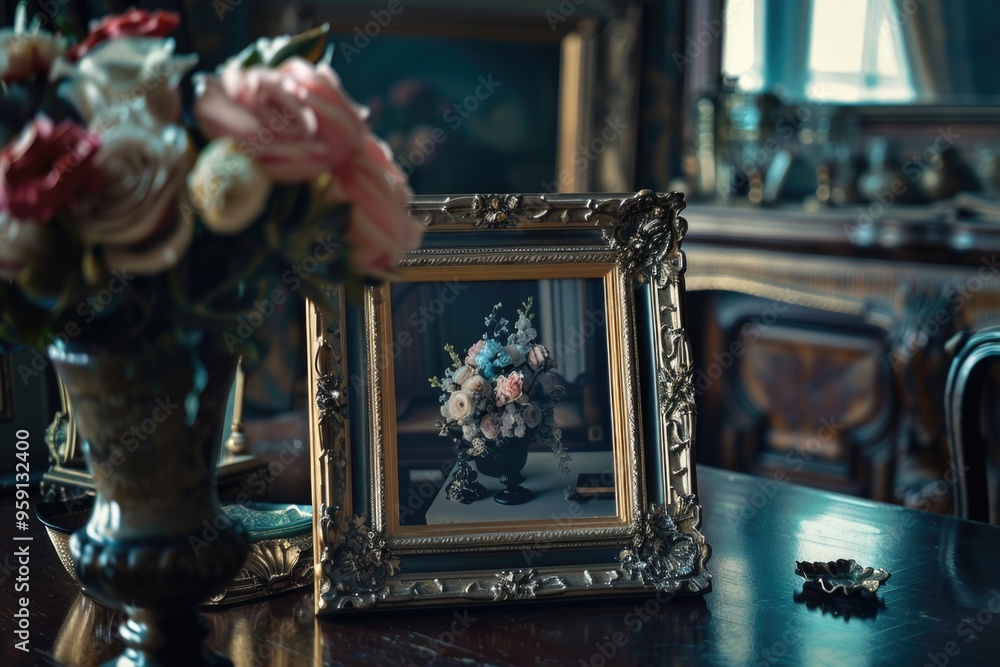 Poster a decorative picture frame sits on a table next to a vase of flowers, perfect for a home or office d