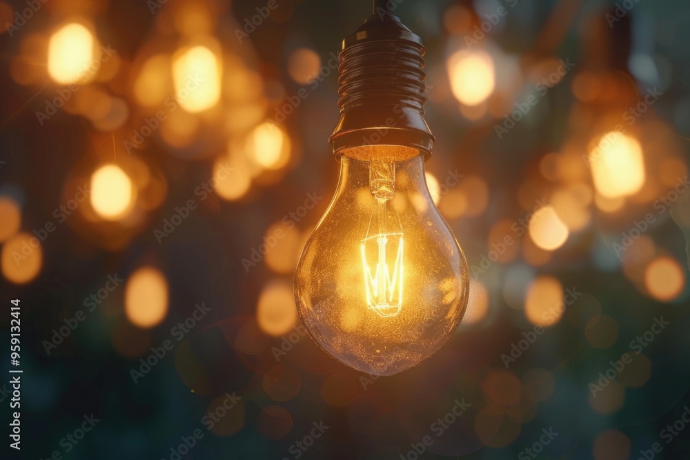 Poster A single light bulb hangs from a string against a blurred background, suitable for illustrations or minimalist designs