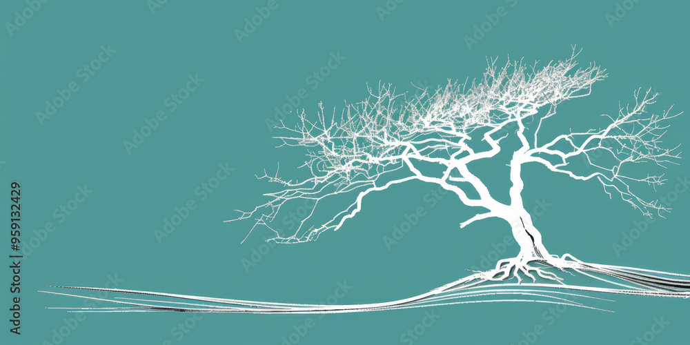 Poster a simple white line drawing on a teal background of a tree with bare branches. the contrast enhances