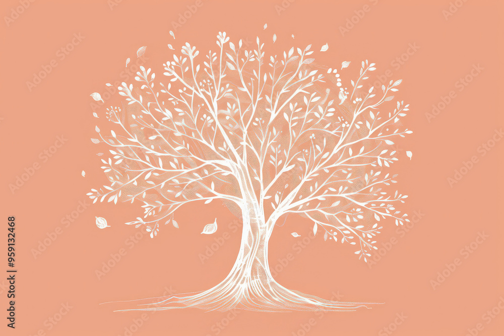 Poster a simple white line drawing on a peach background of a tree with spreading branches and leaves. the 