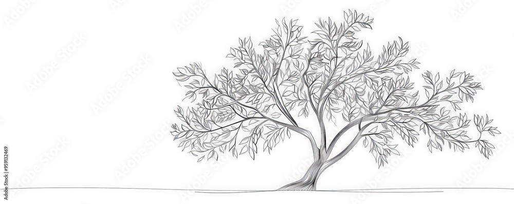 Poster a simple white line drawing of a tree with leaves and branches outlined in clean, minimalist lines. 