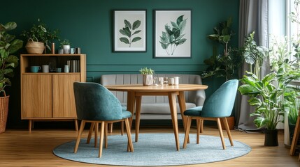 Fototapeta premium Mint-colored chairs enhance a cozy dining area in a Scandinavian-inspired living room with plants