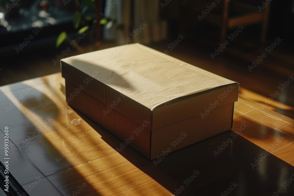 Poster a box sitting on top of a wooden table with a simple design