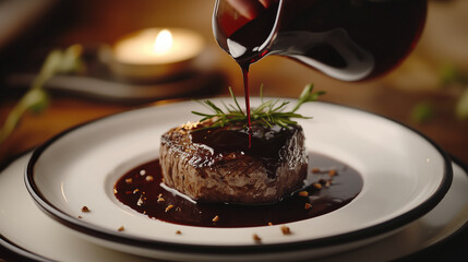 A close-up view of a filet mignon being plated, with the red wine reduction being poured over it from a small sauce pitcher, catching the moment the sauce meets the meat , close-up