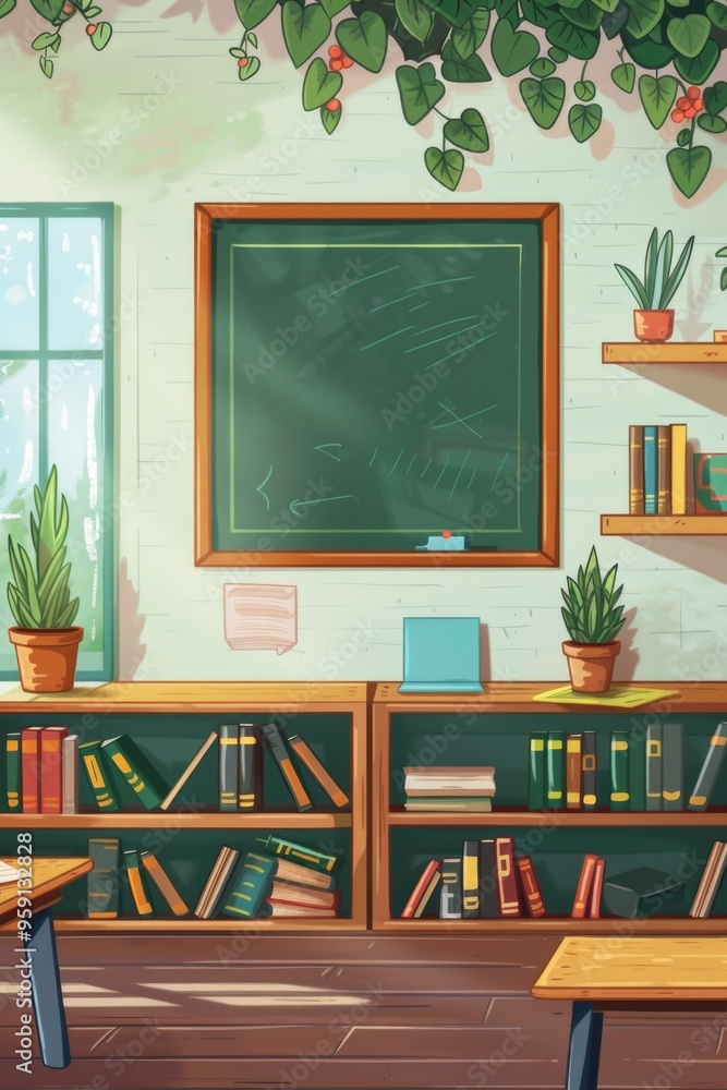 Poster a typical classroom setting with a chalkboard and bookshelves, ideal for educational or study-relate