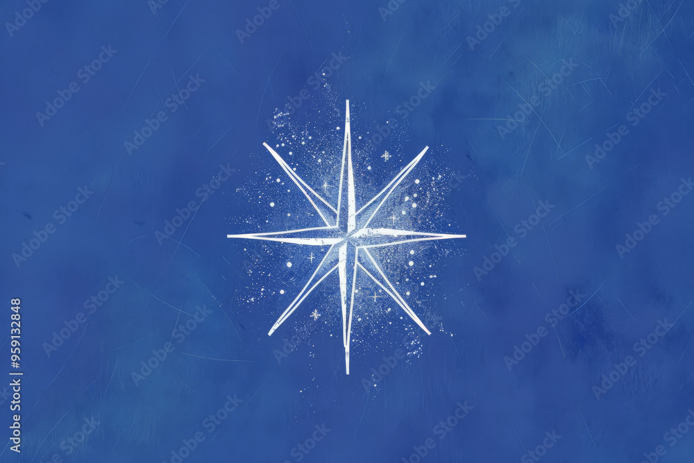 Poster a simple white line drawing on a royal blue background of a star with sharp points. the deep color e