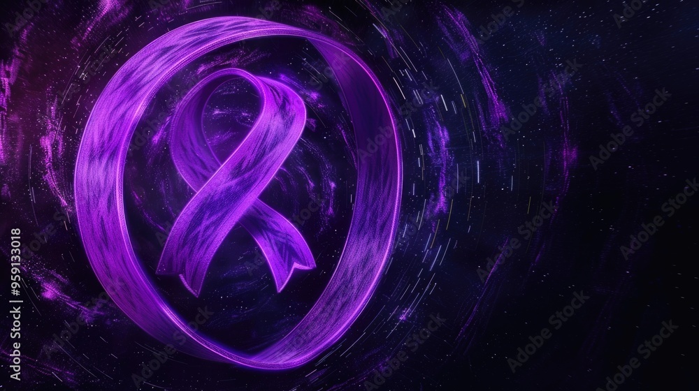 Poster a simple yet striking image featuring a purple ribbon placed centrally on a dark, matte black backgr