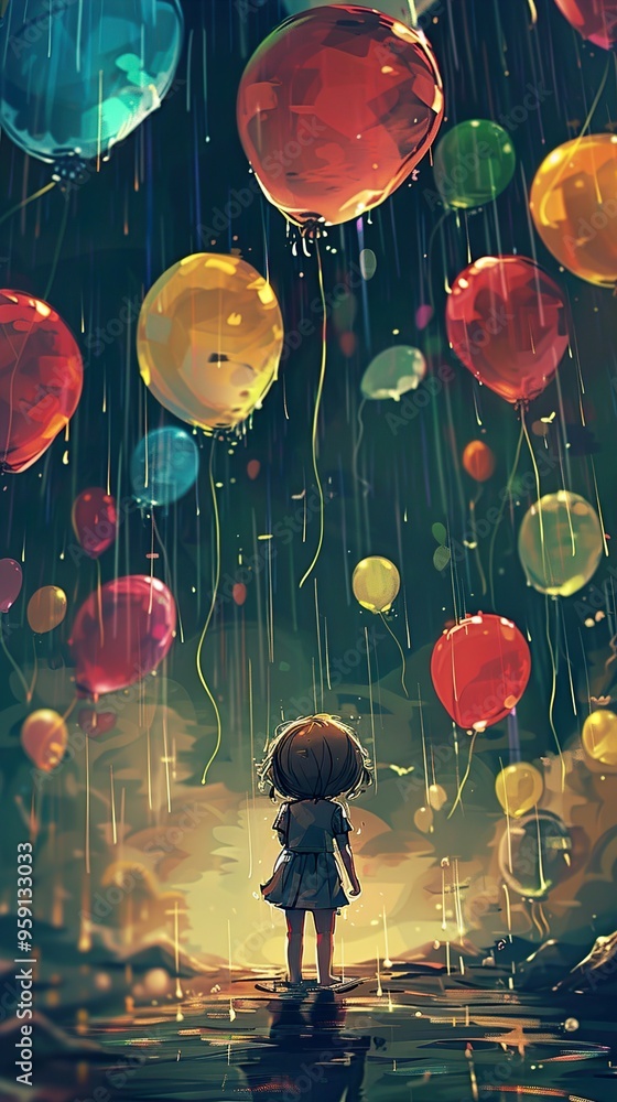 Wall mural Little Girl Watching Balloons Float Away in the Rain