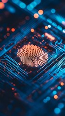 A polymer, reflected with the fingerprint on an electronic chip background. Biometric technology concept for digital security and identity