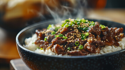 A tight view of bulgogi beef served on a bed of steamed rice in a traditional Korean bowl, garnished with chopped green onions and sesame seeds, with the steam rising from the dish