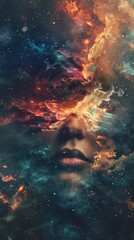 A woman's face is obscured by colorful clouds, suggesting a dreamlike state.