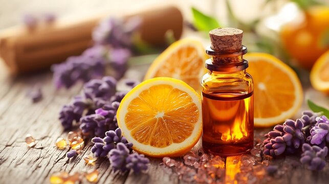 Essential oils with fresh lavender and citrus fruits on wooden table, copy space