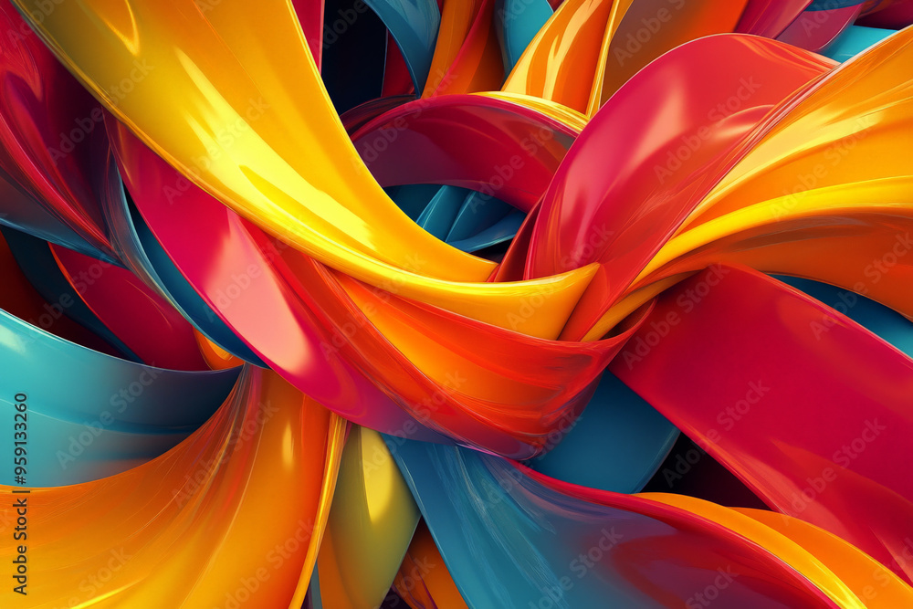 Poster a dynamic 3d abstract design with vibrant twisted ribbons in red, yellow, and cyan. the ribbons twis