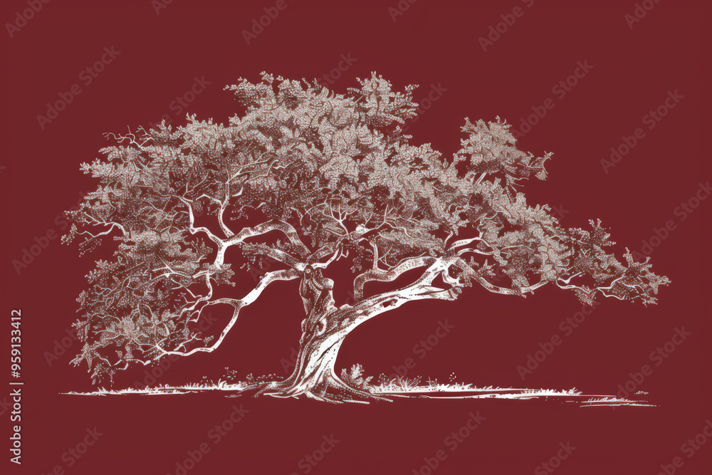 Poster a simple white line drawing on a cranberry background of a tree with thick branches. the deep color 