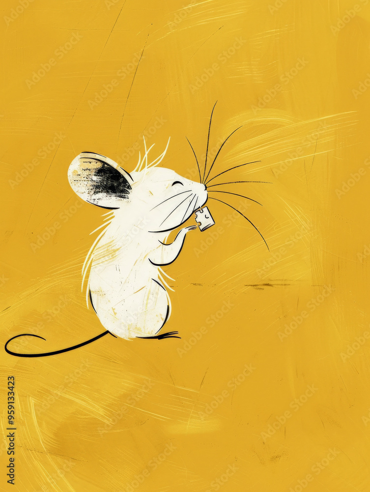 Poster a simple white line drawing of a mouse nibbling on cheese, set against a soft, buttery yellow backgr