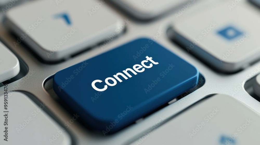 Poster a close up of a blue button on the keyboard with text that says connect, ai
