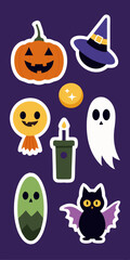  A set of cute and colorful Halloween stickers featuring a pumpkin, witch hat, ghost, candy corn, a candle, a mummy, and a bat. Perfect for adding a festive touch to your crafts, party decorations.