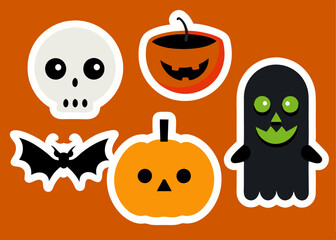  A set of five cute Halloween-themed stickers featuring a skull, two pumpkins, a bat, and a ghost. Perfect for adding a festive touch to your projects, crafts, or decorations.