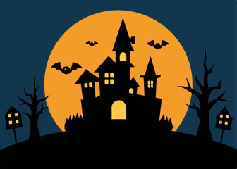  A spooky Halloween illustration featuring a haunted house, bats, a full moon, and spooky trees, perfect for adding a touch of Halloween magic to your designs.