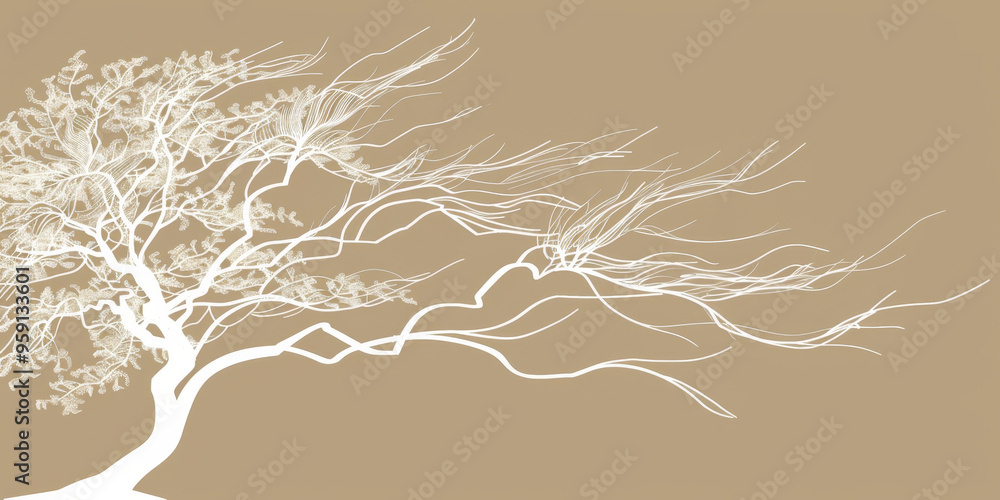 Poster a simple white line drawing on a beige background of a tree with flowing branches and leaves. the ne
