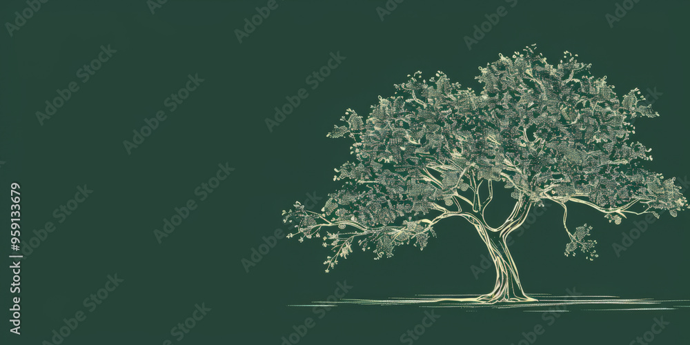Poster a simple white line drawing on a forest green background of a tree with thick branches and leaves. t