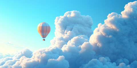 Fototapeta premium A 3D cartoon-style cloudscape with fluffy white clouds floating in a bright blue sky, and a small, colorful hot air balloon drifting lazily by. The scene is peaceful and serene, with soft, gentle