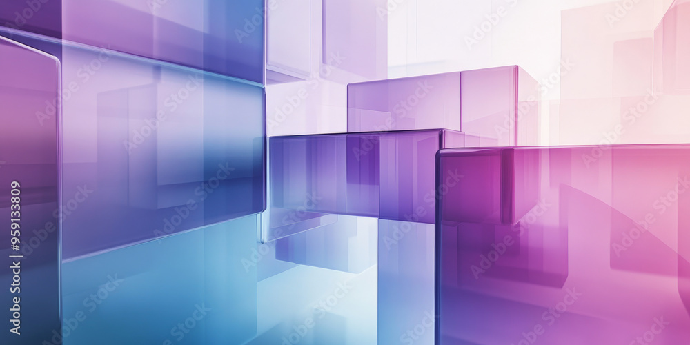 Poster a 3d abstract business background with layered, translucent geometric forms in gradient shades of pu